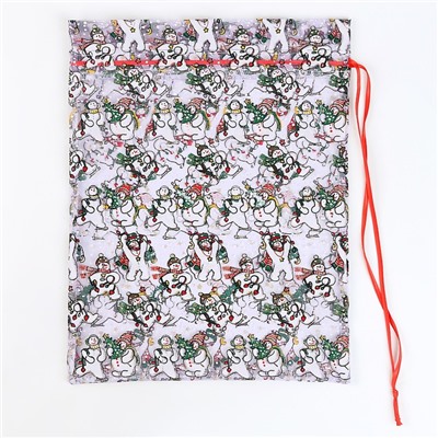 Мешок подарочный «Снеговики с ёлками», р. 45 × 35 см, органза