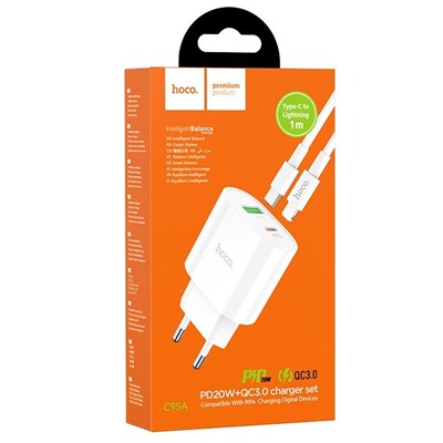 Адаптер Сетевой с кабелем Hoco C95A PD QC3.0 USB/Type-C 3A/20W (Type-C/Lightning) (white)