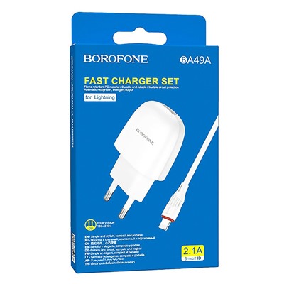 Адаптер Сетевой с кабелем Borofone BA49A Vast (повр. уп.) USB 2,1A/10W (USB/Lightning) (white)