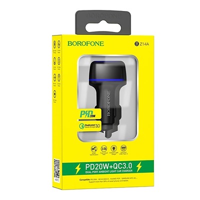 Адаптер Автомобильный с кабелем Borofone BZ14A Mercury USB/Type-C/5V/3.4A PD+QC3.0 Type-C/Type-C (black)