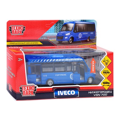 Машина металл Автобус Iveco Daily 15 см, (свет-звук двери, синий) инерц, в коробке
