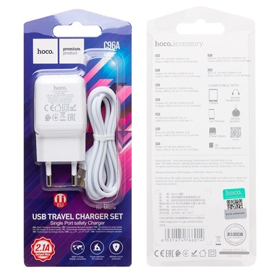 Адаптер Сетевой с кабелем Hoco C96A USB 2,1A/10W (USB/Micro USB) (white)