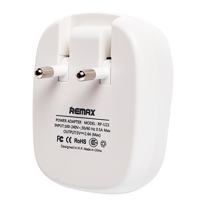 Адаптер Сетевой Remax RP-U23 (повр. уп.) 2USB 2,4A/10W (white/pink)