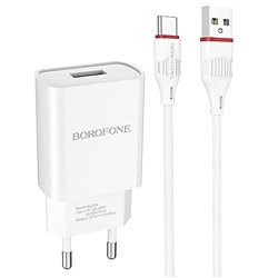 Адаптер Сетевой с кабелем Borofone BA20A Sharp USB 2,1A/10W (USB/Type-C) (white)