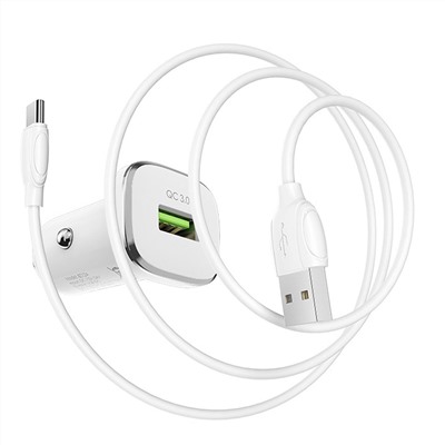 Адаптер Автомобильный с кабелем Borofone BZ12A Lasting power single port QC3.0 1USB/5V/3A +Type-C (white)