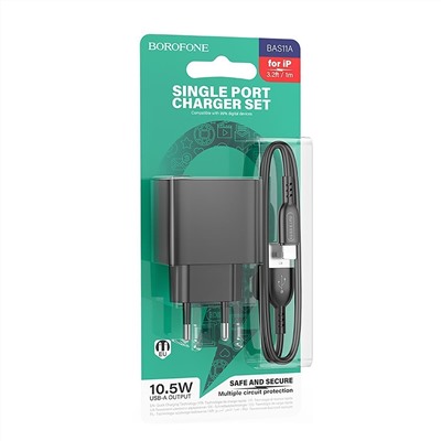 Адаптер Сетевой с кабелем Borofone BAS11A Erudite USB 2,1A/10,5W (USB/Lightning) (black)