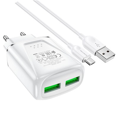 Адаптер Сетевой с кабелем Borofone BA54A Wide QC (повр. уп.) 2USB 18W (USB/Micro USB) (white)