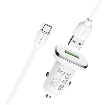 Адаптер Автомобильный с кабелем Borofone BZ12A Lasting power single port QC3.0 1USB/5V/3A +Type-C (white)