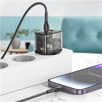 Адаптер Сетевой с кабелем Hoco N34 Dazzling PD QC3.0 USB/Type-C 3A/20W (Type-C/Lightning) (black)