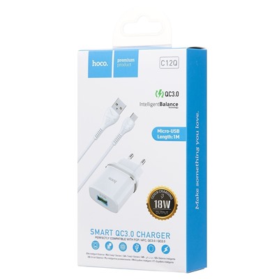 Адаптер Сетевой с кабелем Hoco C12Q QC3.0 USB 3A/18W (USB/Micro USB) (white)