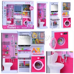 Набор мебели для кукол "Ванная" (душ, унитаз, стиральная машина, зеркало) на батарейках, розовая, в коробке