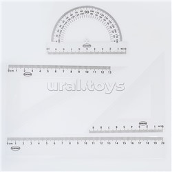 Набор линеек: линейка 20 см, 2 треугольника, транспортир в инд. упаковке с европодвесом.