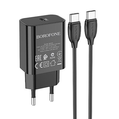 Адаптер Сетевой с кабелем Borofone BA65A Single PD QC3.0 Type-C 20W (Type-C/Type-C) (black)