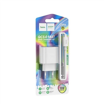 Адаптер Сетевой с кабелем Hoco C109A QC3.0 USB 3A/18W (USB/Micro) (white)