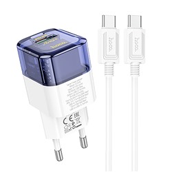 Адаптер Сетевой с кабелем Hoco C131a PD USB/Type-C 30W (Type-C/Type-C) (transparent blue)