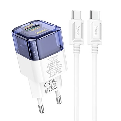 Адаптер Сетевой с кабелем Hoco C131a PD USB/Type-C 30W (Type-C/Type-C) (transparent blue)