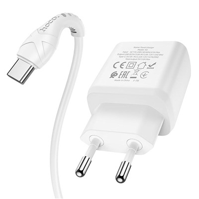 Адаптер Сетевой с кабелем Hoco N5 Favor PD QC3.0 (повр. уп.) USB/Type-C 3A/20W (Type-C/Type-C) (white)