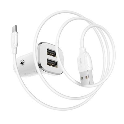 Адаптер Автомобильный с кабелем Borofone BZ12 Lasting 2USB/5V/2.4A +Type-C (white)