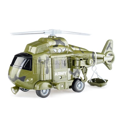 Автовоз "Военный" с вертолетом 1:16 (свет, звук) в коробке (зеленый)