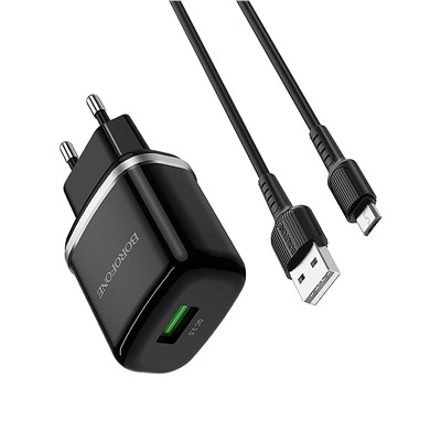 Адаптер Сетевой с кабелем Borofone BA36A High QC3.0 USB 3A/18W (USB/Micro USB) (black)